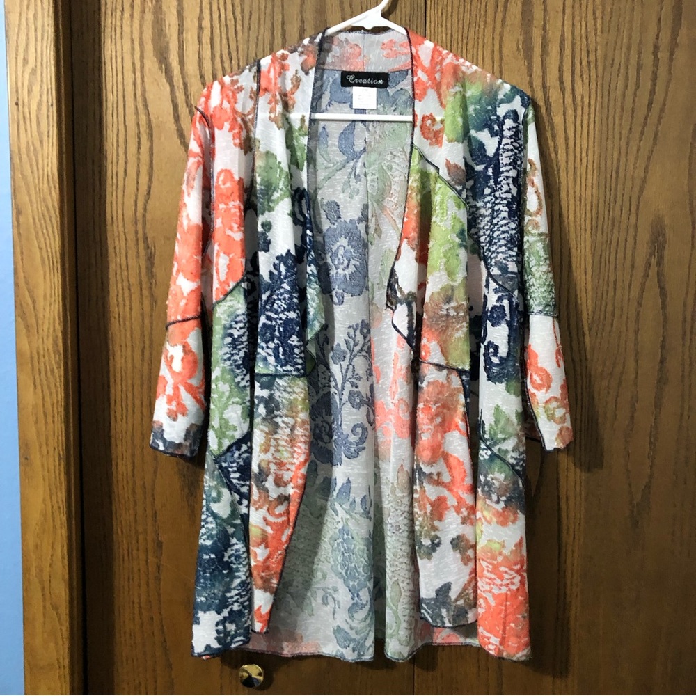 Floral burnout boho semi-sheer spring colorful women’s cardigan size M petite